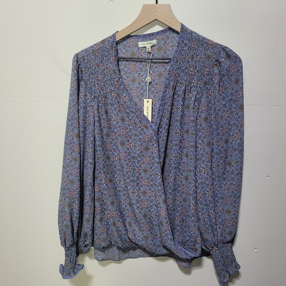 Max Studio Women's Crepe Shirtale Wrap Floral Print Surplice Blouse L - Picture 2 of 12